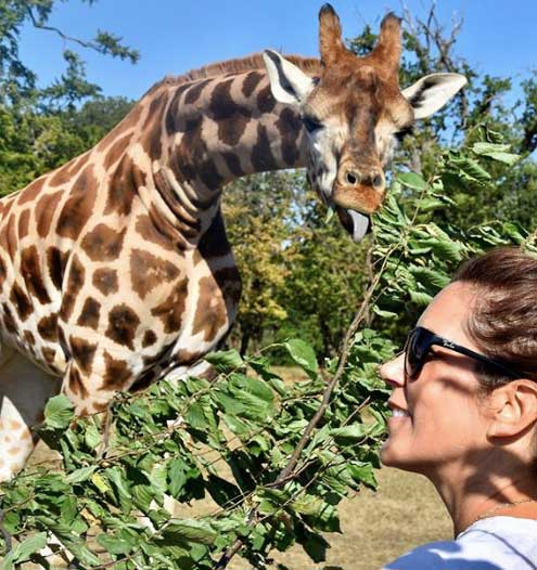 Mary de Dinamarca posando al lado de una jirafa en el Knuthenborg Safaripark