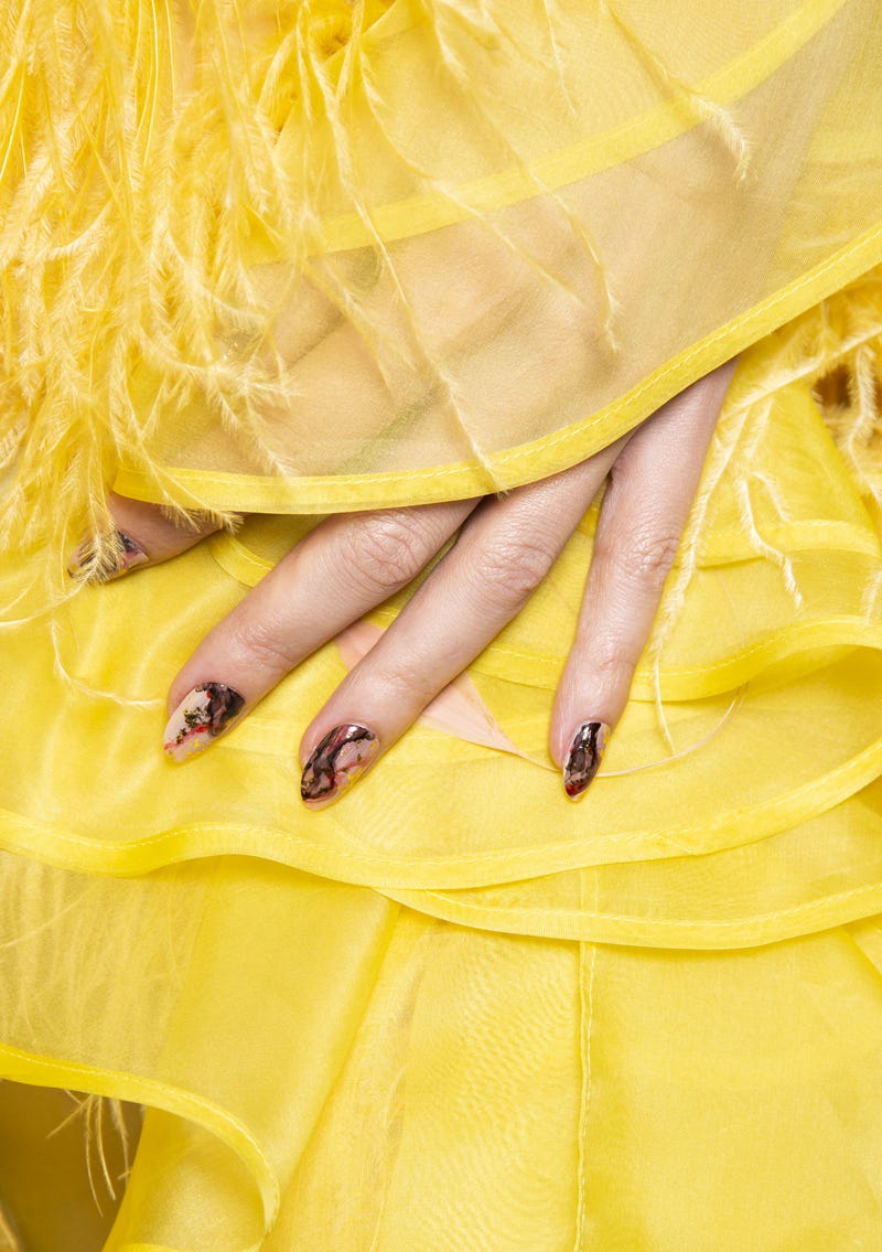 Yellow, Dress, Cocktail dress, Peach, Hand, Outerwear, Finger, Nail, 