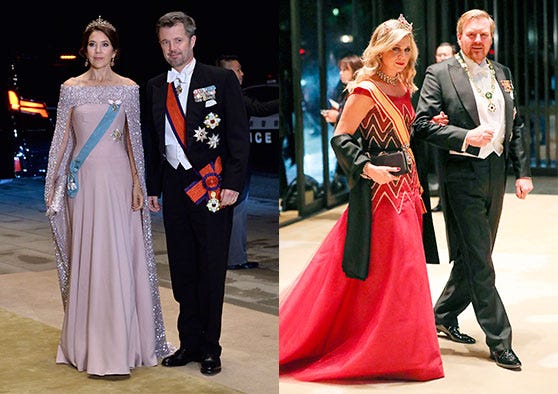 Mary y Federico de Dinamarca, Máxima y Guillermo de Holanda en la cena de gala de la entronización de Naruhito en Japón