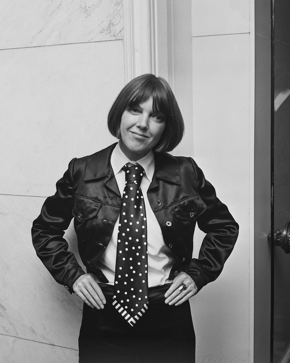 english fashion designer and fashion icon mary quant at the launch of her new range of neckwear, her first menswear collection, at the savoy hotel, london, uk, 12th september 1972 she is wearing silky bomber jacket, white shirt and polka dotted necktie photo by hulton archivegetty images