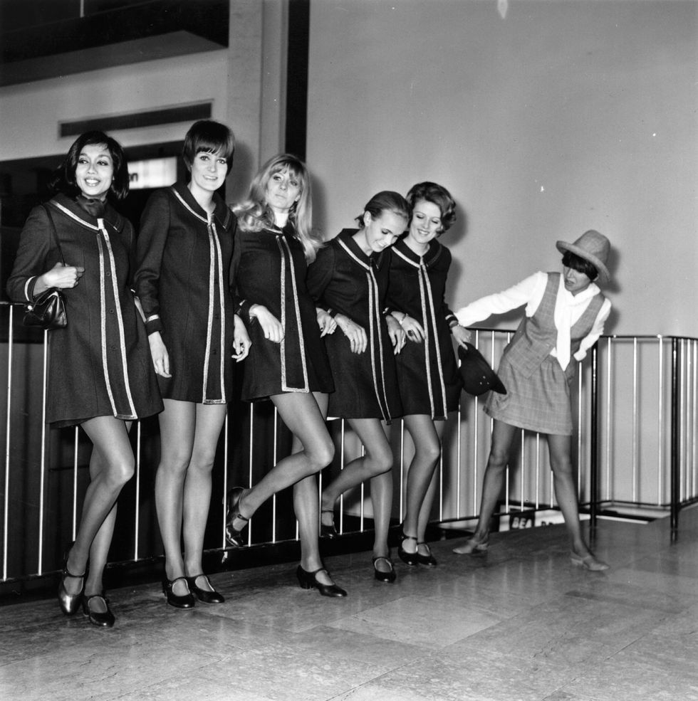18th march 1968  english fashion designer mary quant with a group of models at heathrow airport, before leaving for a continental fashion tour  photo by expressexpressgetty images