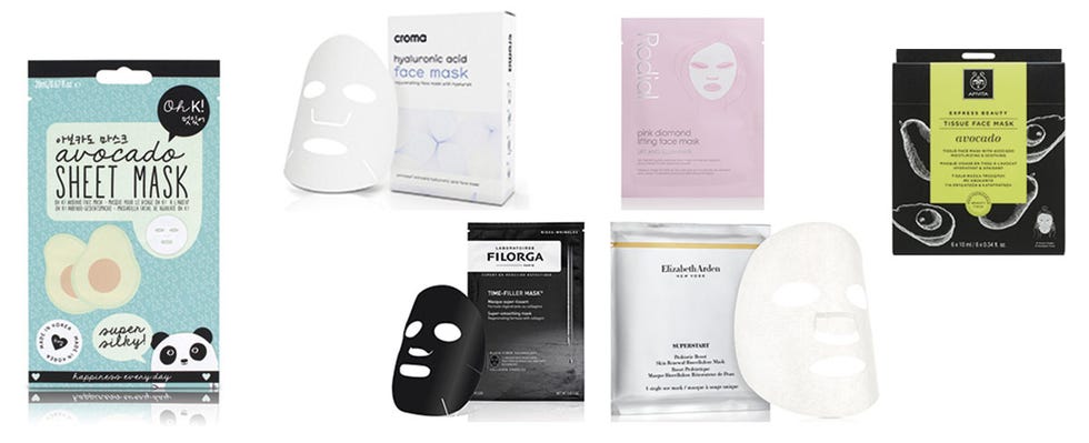 Distintos tipos de mascarillas:  con aguacate, de Oh K!; hidrata y suaviza arrugas, Hyaluronic acid, de Croma; con efecto lifting, Pink Diamond, de Rodial; hidrata y calma, Avocado, de Apivita; reafirmante Time Filler Mask, de Filorga y con probióticos, Superstart, de Elizabeth Arden..