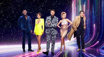 masked singer 2024 panelists mo gilligan and davina mccall with host joel dommett, plus panelists rita ora and jonathan ross