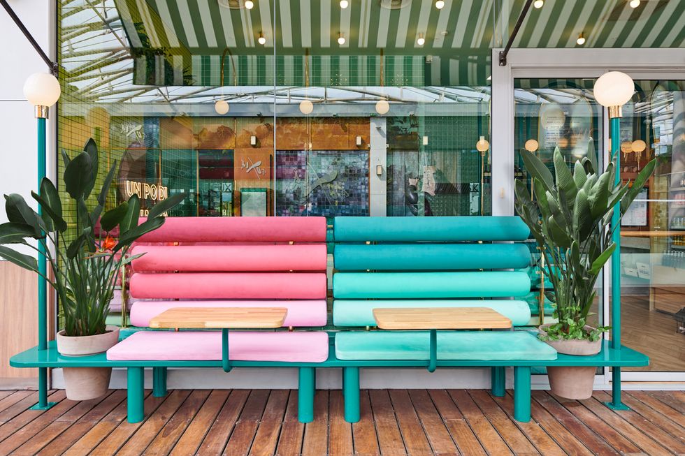 Furniture, Outdoor furniture, Turquoise, Bench, Table, Room, Patio, Leisure, Swing, Porch, 