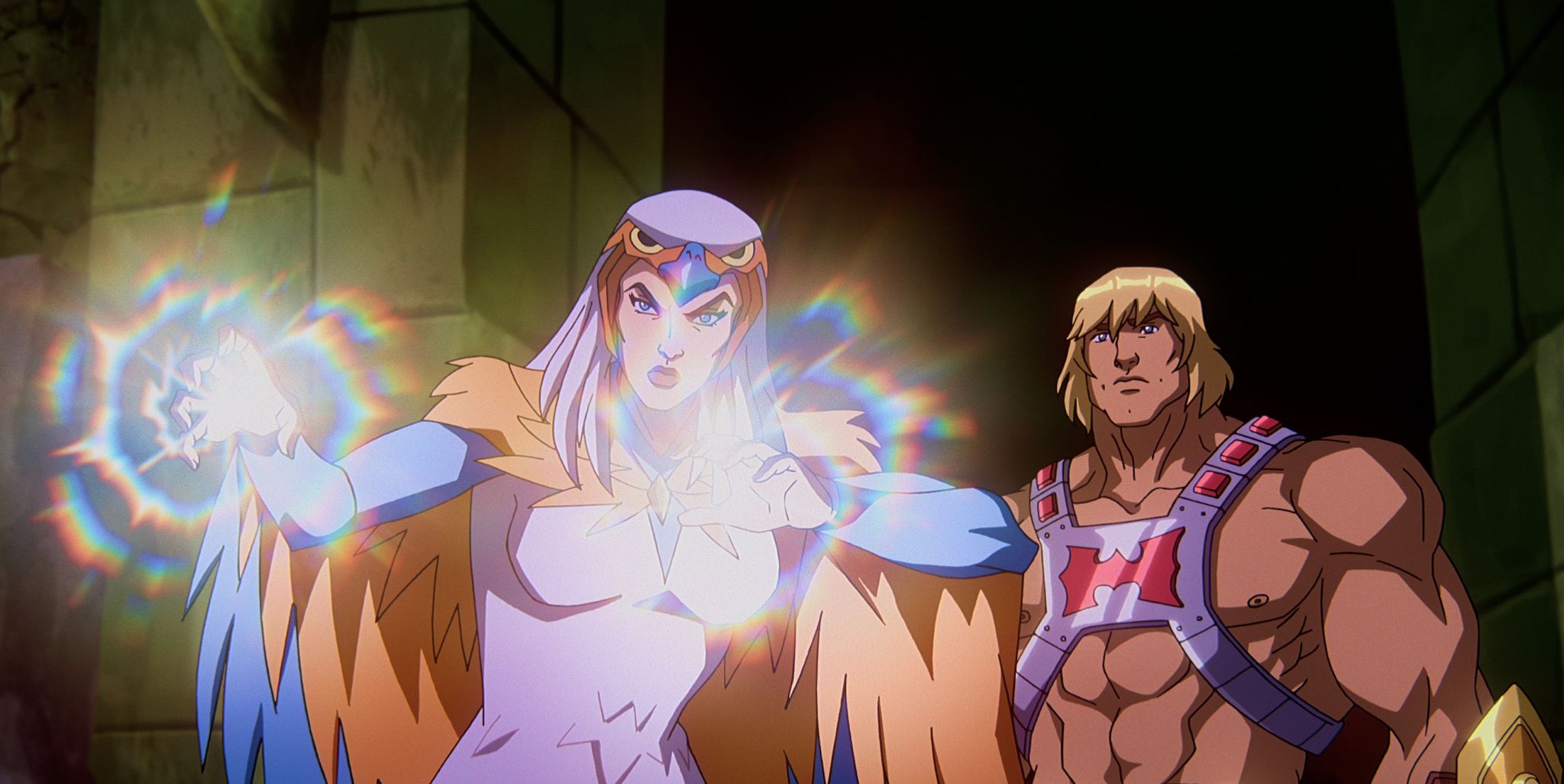 masters of the universe revelation l to r susan eisenberg as sorceress and chris wood as he man in episode 101 of masters of the universe revelation cr courtesy of netflix © 2021