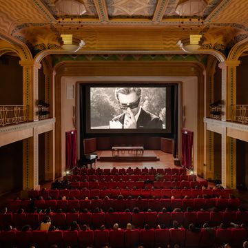 a theater with a large screen