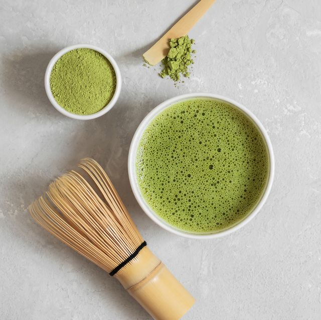matcha green tea set on a gray concrete background for best matcha powders