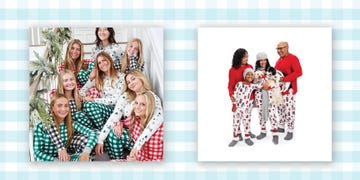 group wearing festive pajamas including a family with a dog