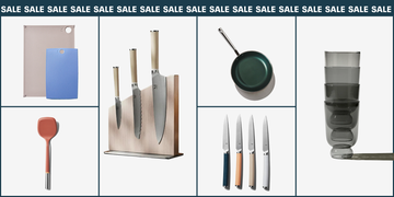 cutting boards, spatula, knife sets, pan and glassware from material