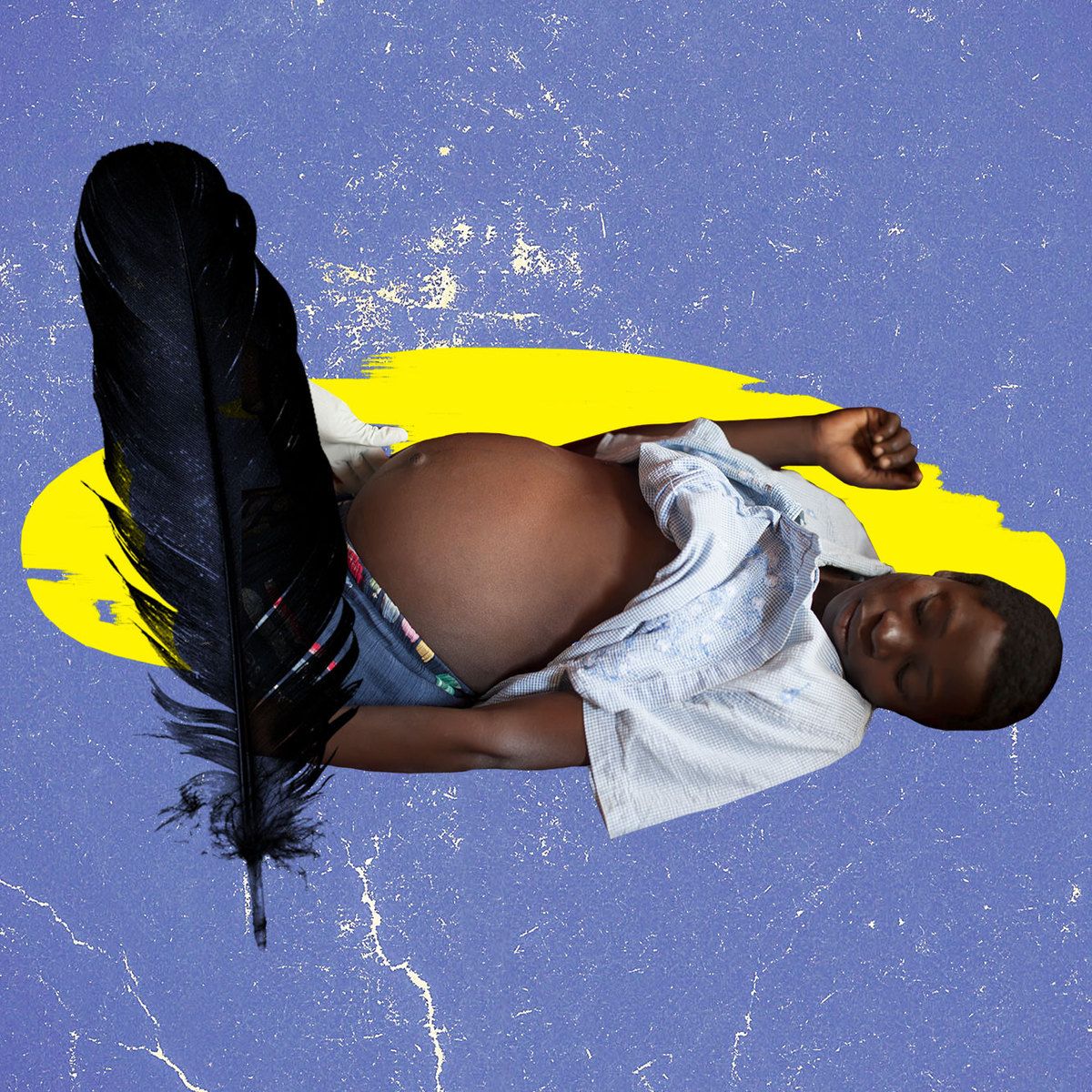 pregnant black woman black feather blue background yellow splash