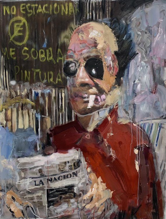 matias salgado, sitting man reading the newspaper, acrylic and oil on canvas