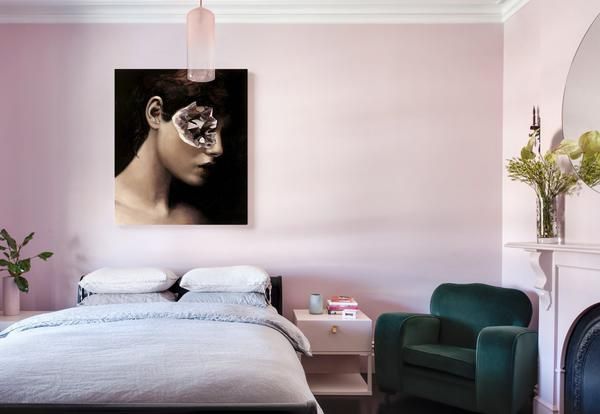 Room, Wall, Bedroom, Interior design, Pink, Furniture, Design, Bed sheet, House, Cat, 
