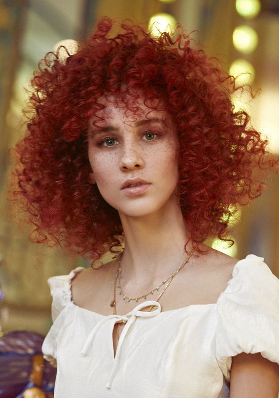 Lip, Hairstyle, Chin, Jheri curl, Red, Style, Red hair, Ringlet, Jewellery, Wig, 