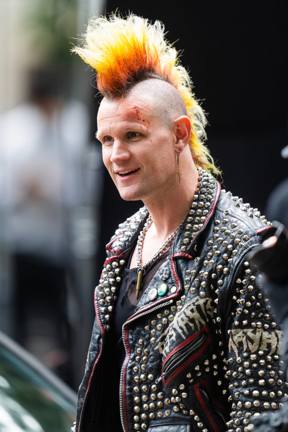 Matt Smith with a brightly colored mohawk, filming caught shoplifting, New York