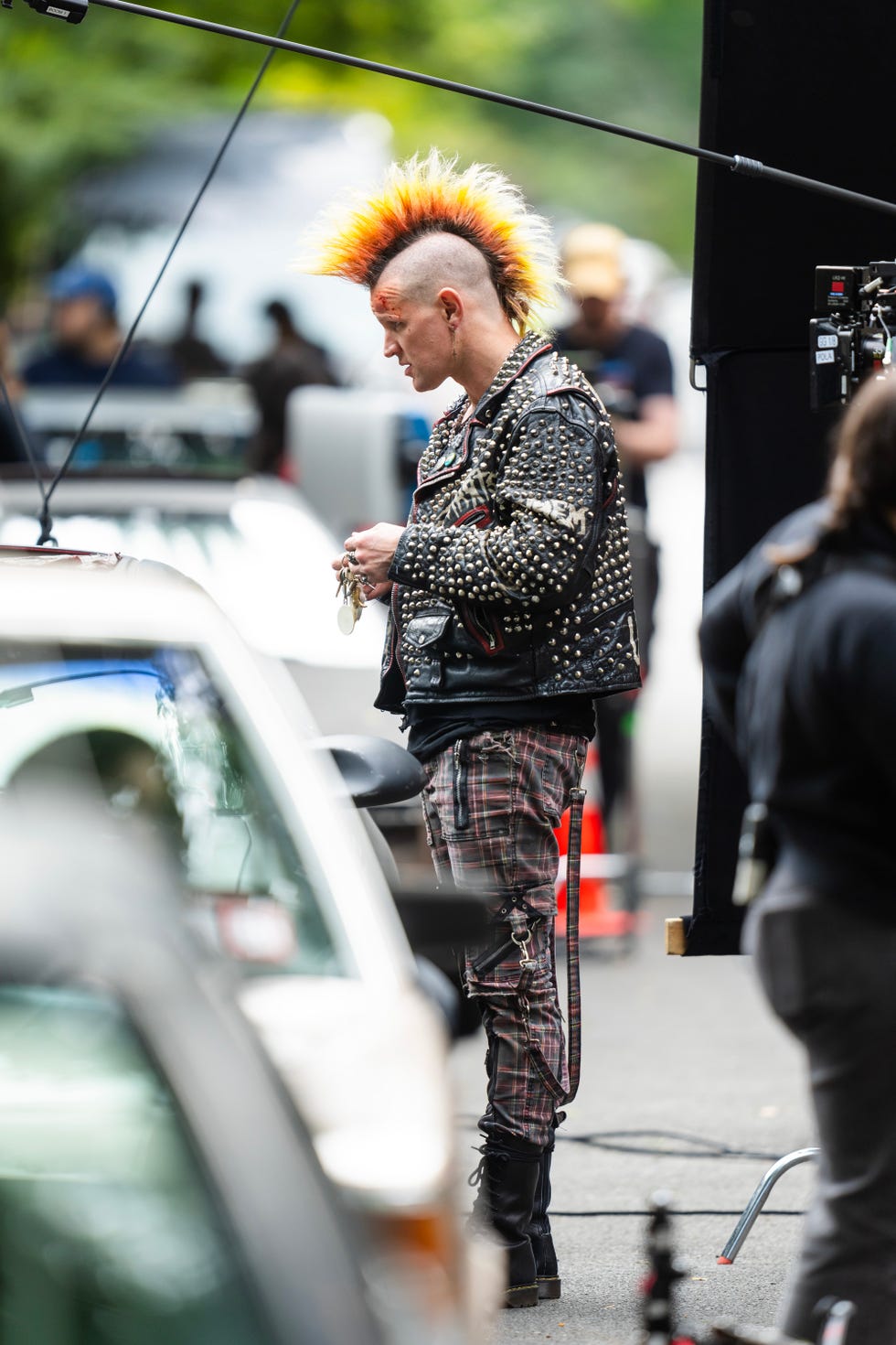 Matt Smith with a brightly colored mohawk, filming caught shoplifting, New York