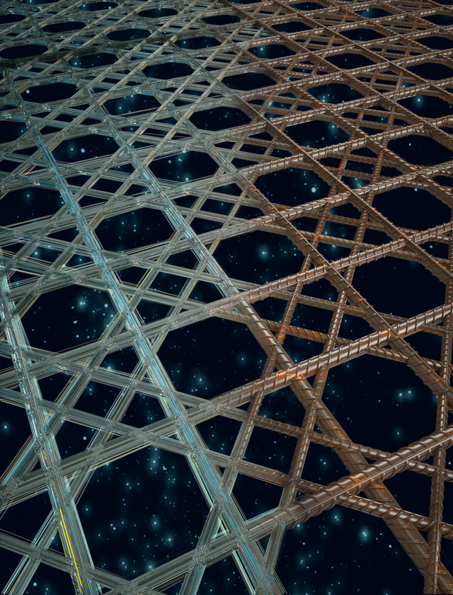 composite rendering that transitions from a glassy sponge skeleton on the left to a welded rebar based lattice on the right