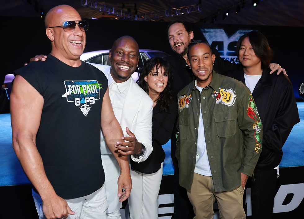 los angeles, california february 09 l r vin diesel, tyrese gibson, michelle rodriguez, louis leterrier, ludacris, and sung kang attends the trailer launch of universal pictures' "fast x" at regal la live on february 09, 2023 in los angeles, california photo by matt winkelmeyergathe hollywood reporter via getty images