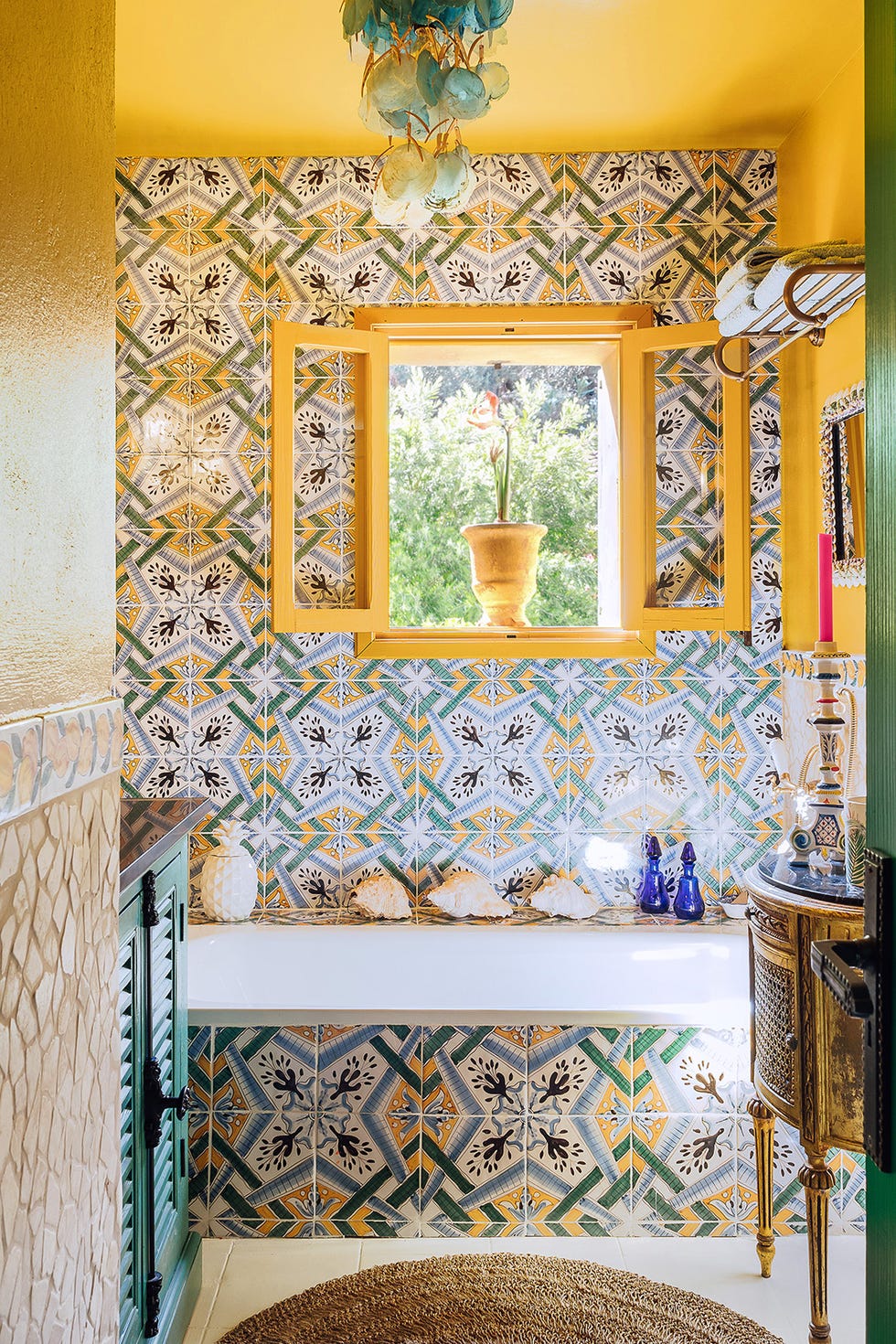 Vibrant bathroom with decorative tiles and a yellow accent wall vibrant bathroom with decorative tiles and a yellow accent wall
