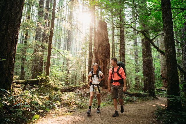 mature couple backpacking in forest