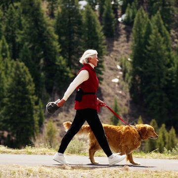 mature woman walking golden retriever dog