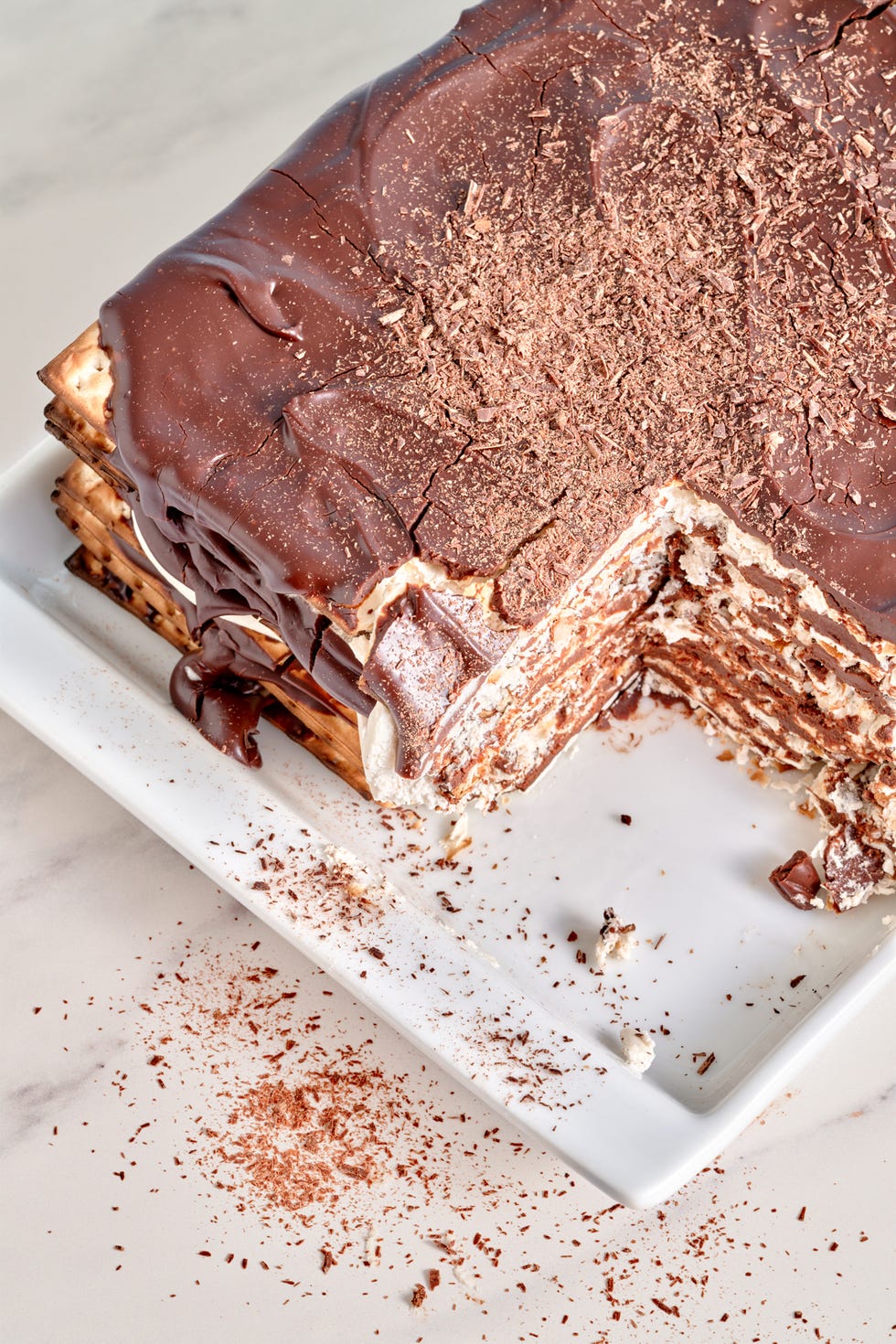 matzoh icebox cake on a white plate