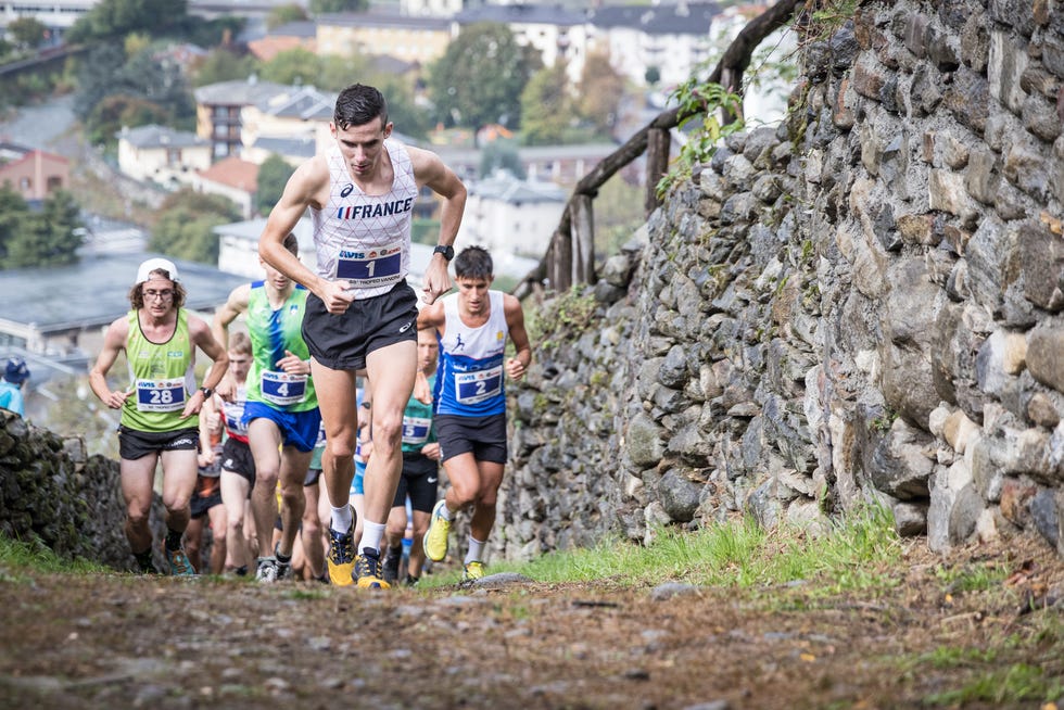runners participating in an uphill race on a rocky path