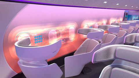Purple, Pink, Lighting, Design, Interior design, Luxury vehicle, Room, Ceiling, Space, Airline, 