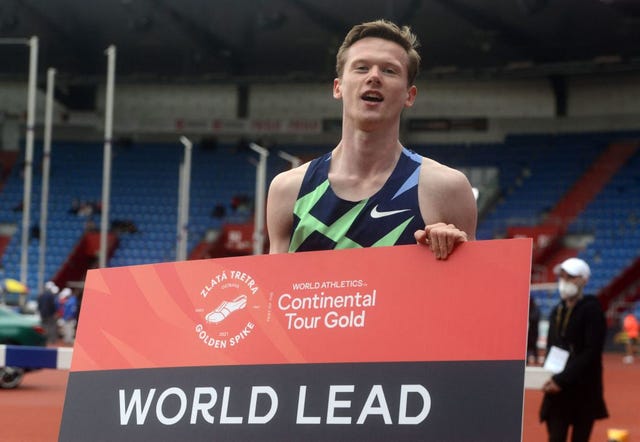 max burgin of great britain celebrates clocking a new world lead time in the mens 800m at the iaaf golden spike 2021 athletics meeting in ostrava, czech republic, on may 19, 2021 photo by michal cizek  afp photo by michal cizekafp via getty images