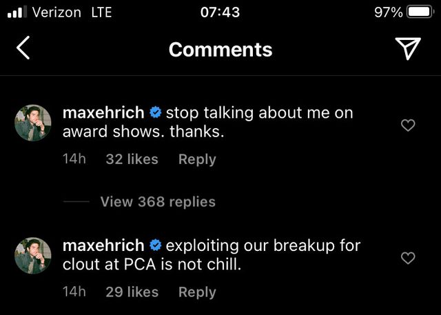 max ehrich's instagram comments about demi's pca speech under her post
