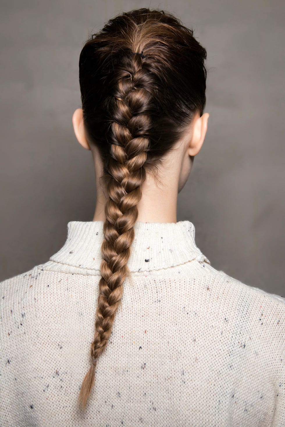Hair, Hairstyle, French braid, Braid, Long hair, Neck, Pigtail, Chignon, Brown hair, Back, 