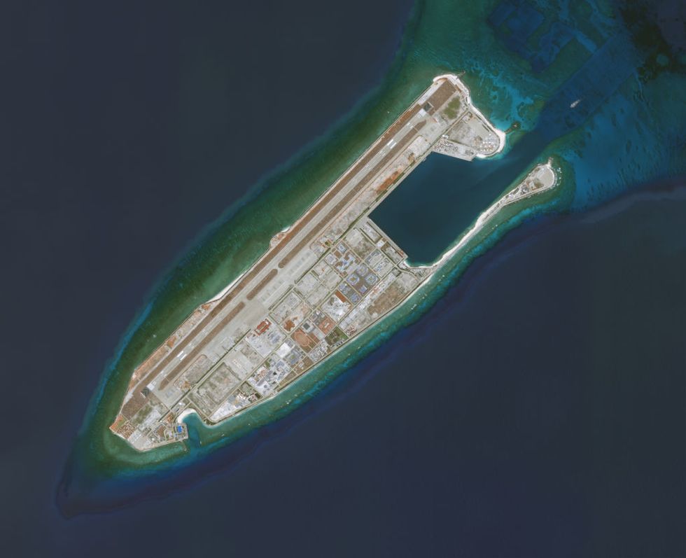 fiery cross reef, south china sea march 27, 2020 maxar satellite imagery of the fiery cross reef in the south china sea, a part of the spratly islands group please use satellite image c 2022 maxar technologies