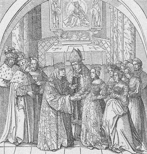 maximilian i, holy roman emperor 22031459 12011519 holy roman emperor 1493 1519    the wedding of maximilian i and mary of burgundy in the frankfurt cathedral, 1477   engraving taken from the weisskunig by hans burgkmair book illustration