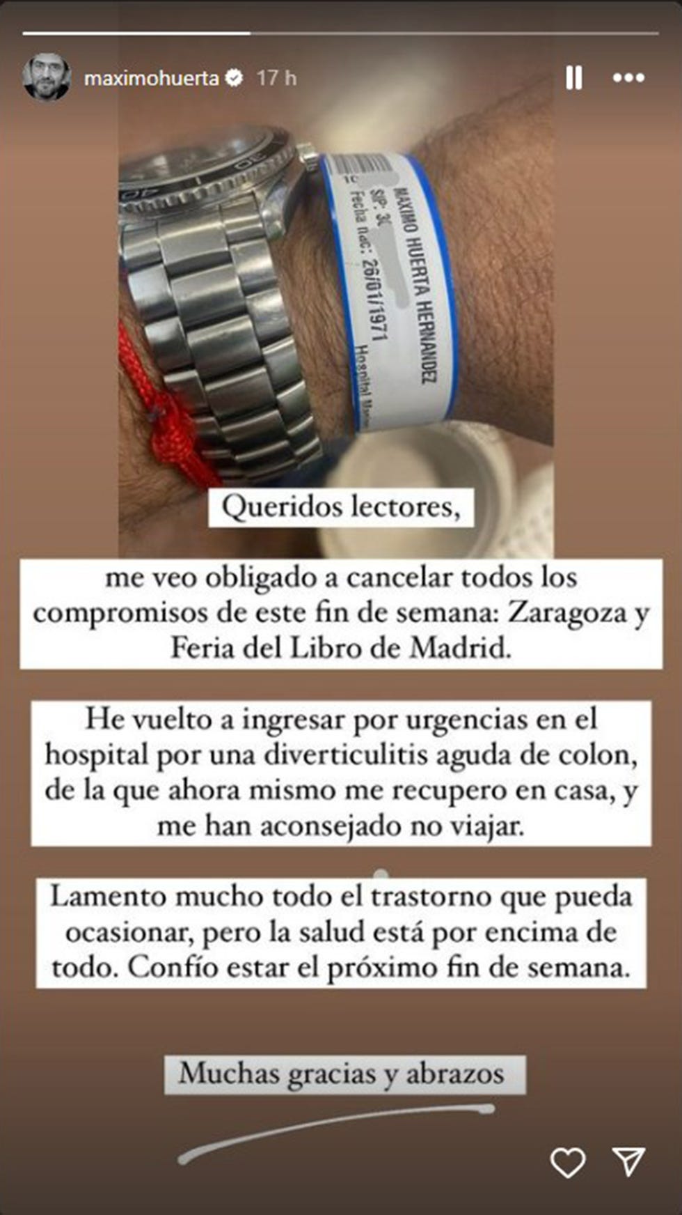 maximo huerta confiesa que sufre diverticulitis en su cuenta de instagram