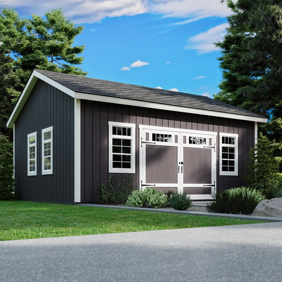 storage shed with dark exterior and double doors