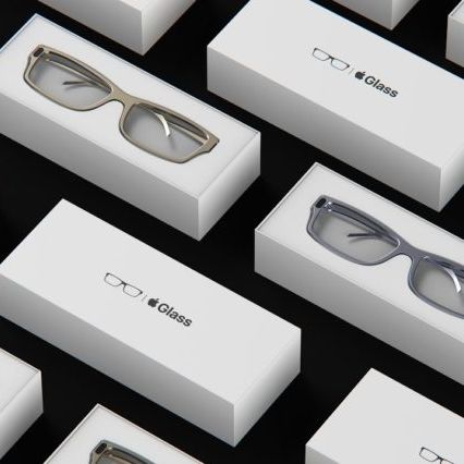 rectangular product boxes with apple glass written across the tops of some of them, and images of glasses across the others