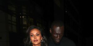 london, england november 23 maya jama and stormzy seen attending british vogues 2023 forces for change party at the maine mayfair on november 23, 2023 in london, england photo by neil mockford ricky vigil mgc images