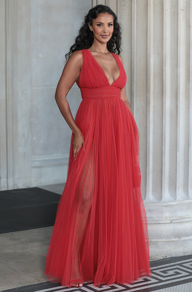 Maya Jama gave the naked trend a regal twist in a sheer red dress