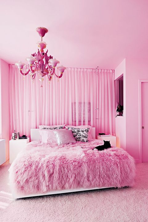 Decoration, Bedroom, Pink, Bed, Furniture, Room, Interior design, Wall, Purple, Bed frame, 