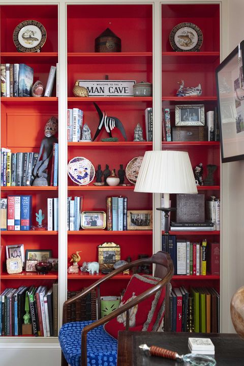 library, bookcase with books, orange painted bookcase