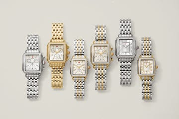 a lineup of six squareshaped wristwatches featuring various band styles, including silver, gold