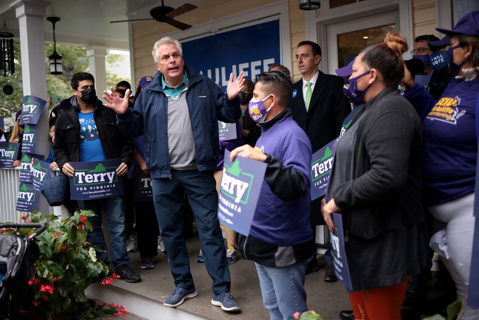 falls church, virginia   november 02 democratic gubernatorial candidate, former virginia gov terry mcauliffe speaks to supporters during a canvass kickoff event on november 02, 2021 in falls church, virginia virginia and new jersey hold off year elections today in the first major elections since us president joe biden's victory in 2020 virginia's gubernatorial race pits republican candidate glenn youngkin against democratic gubernatorial candidate, former virginia gov terry mcauliffe photo by win mcnameegetty images