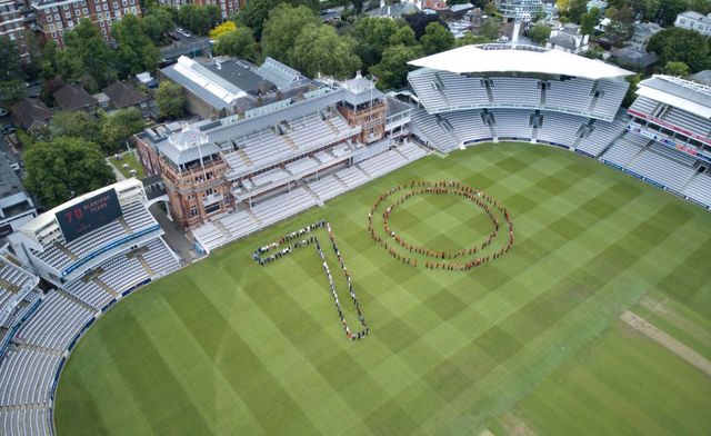 children from gateway academy in westminster join mcc staff, members and representatives from local community groups and businesses to form a giant 70 to mark the platinum jubilee of mcc patron, hm queen elizabeth ii on the outfield at lord’s cricket ground, in london england