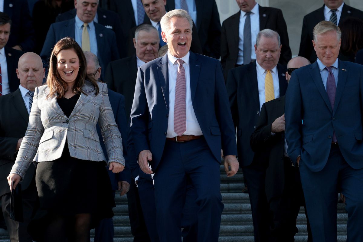 washington, dc   november 17 house minority leader rep kevin mccarthy c r ca walks down the house steps with republican conference chair rep elise stefanik l r ny before speaking november 17, 2021 in washington, dc mccarthy and other members of the republican caucus spoke on us president joe biden’s domestic agenda as his build back better initiative nears a vote in the house  photo by win mcnameegetty images