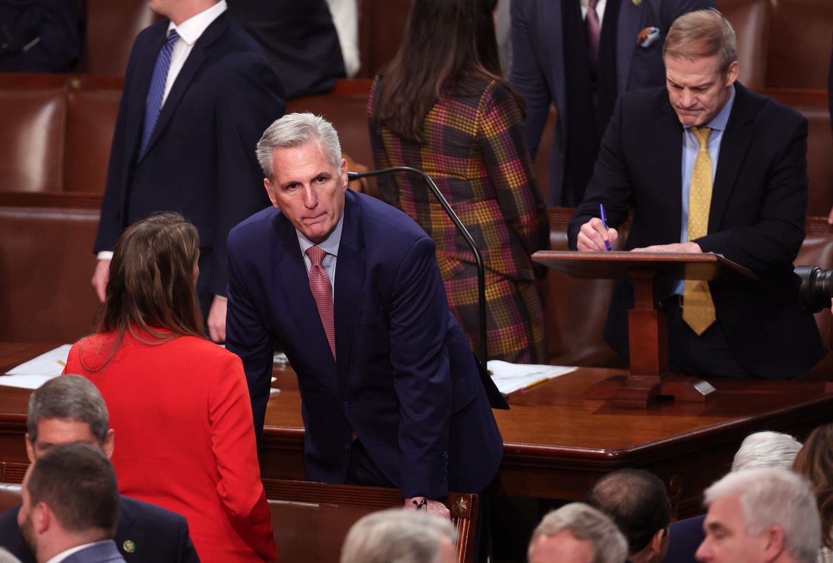 washington, dc january 03 us house minority leader kevin mccarthy r ca c talks to a colleague as rep jim jordan r oh works behind him, as the house of representatives cast their votes for speaker of the house, on the first day of the 118th congress in the house chamber of the us capitol building on january 03, 2023 in washington, dc today members of the 118th congress will be sworn in and the house of representatives will elect a new speaker of the house photo by win mcnameegetty images