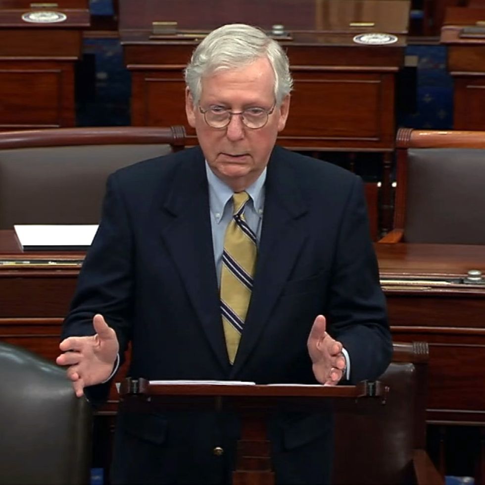 washington, dc   february 13 in this screenshot taken from a congressgov webcast, minority leader sen mitch mcconnell r ky responds after the senate voted 57 43 to acquit on the fifth day of former president donald trump's second impeachment trial at the us capitol on february 13, 2021 in washington, dc house impeachment managers had argued that trump was “singularly responsible” for the january 6th attack at the us capitol and he should be convicted and barred from ever holding public office again photo by congressgov via getty images