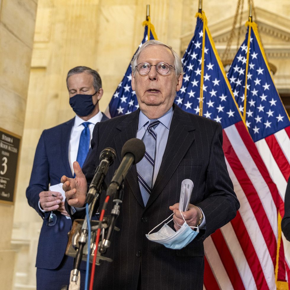 washington, dc   march 23 senate minority leader mitch mcconnell r ky speaks to the media after the republican leaders' weekly lunch at the us capitol on march 23, 2021 in washington, dc photo by tasos katopodisgetty images