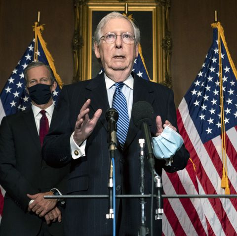 senate majority leader mitch mcconnell, r ky, speaks alongside, sen john thune, r sd, during a press conference with republican leaders at the us capitol building in washington, dc, tuesday, december 8, 2020 photo by kevin dietschupi