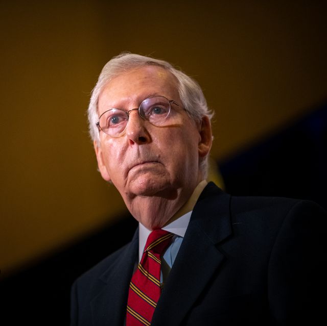 louisville, ky   november 04 senate majority leader mitch mcconnell r ky, gives election remarks at the omni louisville hotel on november 4, 2020 in louisville, kentucky mcconnell has reportedly defeated his opponent, democratic us senate candidate amy mcgrath, marking his seventh consecutive us senate win photo by jon cherrygetty images