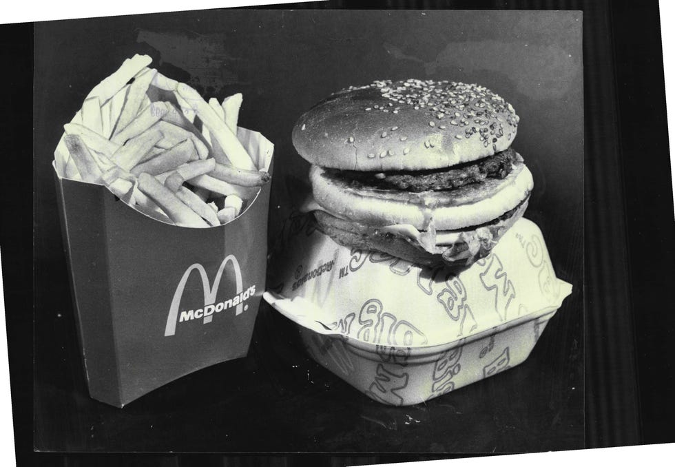 McDonald's Meal -- Pics of fast food items for fast food story.McDonalds chips and Big Mac.One Big Mac hamburger, one large serving trench fries. Total weigh, 304 grams. Cost, $1.50.Good Points: Protein energy content close to ideal, high vitamin C.Bad Po
