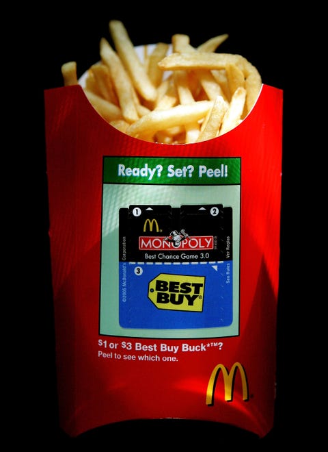 McDonald's Launches Its Largest-Ever Promotion des plaines, il october 5 a package of mcdonalds french fries with monopoly game tickets is seen october 5, 2005 in des plaines, illinois mcdonalds, partnered with best buy, has started what it claims is its biggest promotion to date, a new monopoly game called monopoly best chance game 30 with possible winnings of $200 million in total available cash, electronics and food, and a chance to be in a hollywood movie the game lasts through october 31, or while supplies last photo by tim boylegetty images